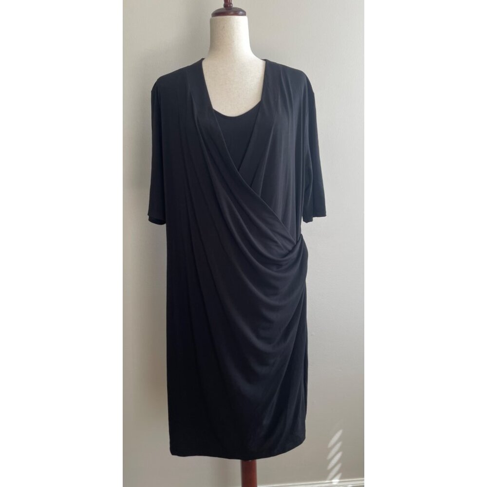 Chicos Wrap Waist Dress Womens 3 Black Lined Short Sleeve Stretchy Poly/Spandex